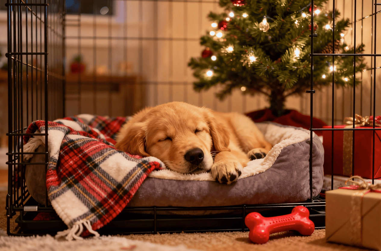 Puppy resting calmly in a crate retreat