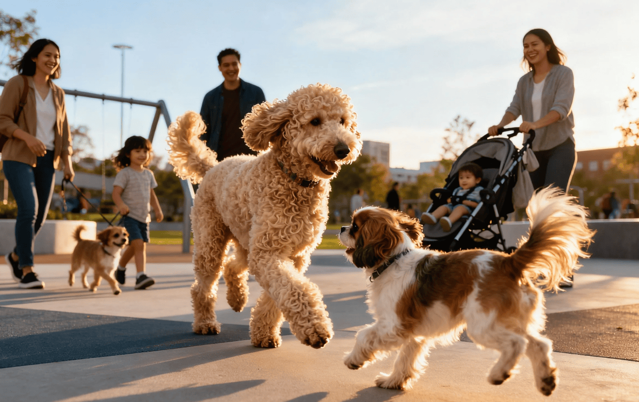 Goldendoodle and Cavapoo playing in a city dog park