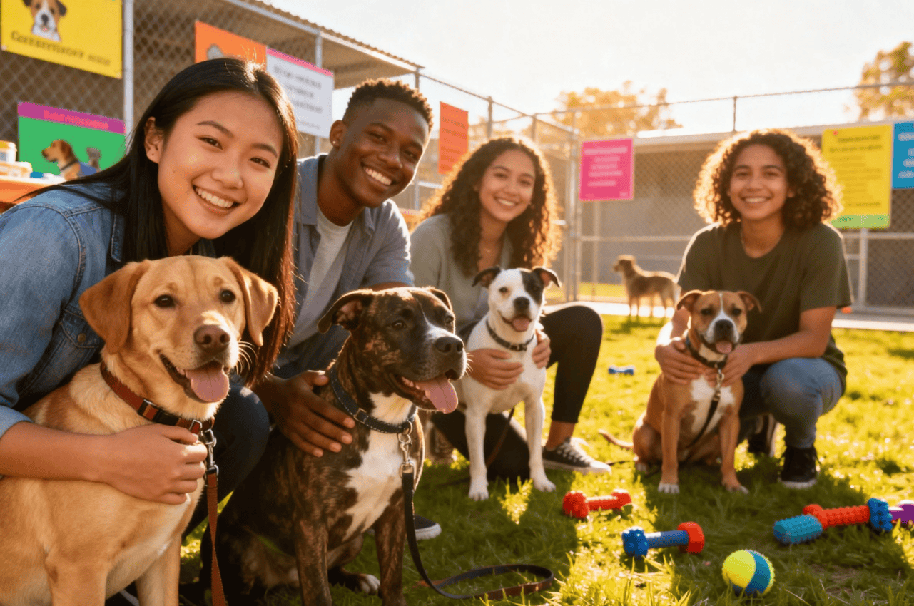 Young dog owners at a sunny shelter adoption event