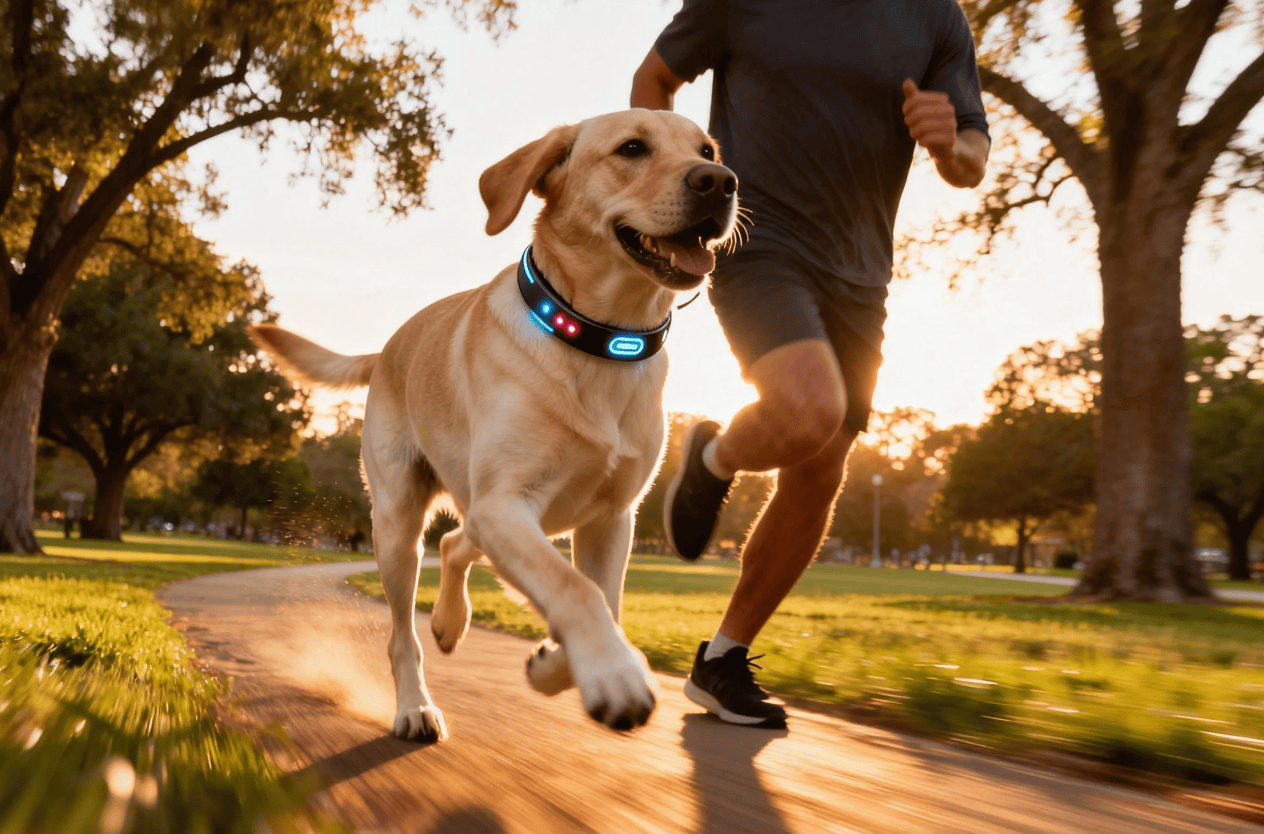 Labrador wearing a smart collar jogging with its owner