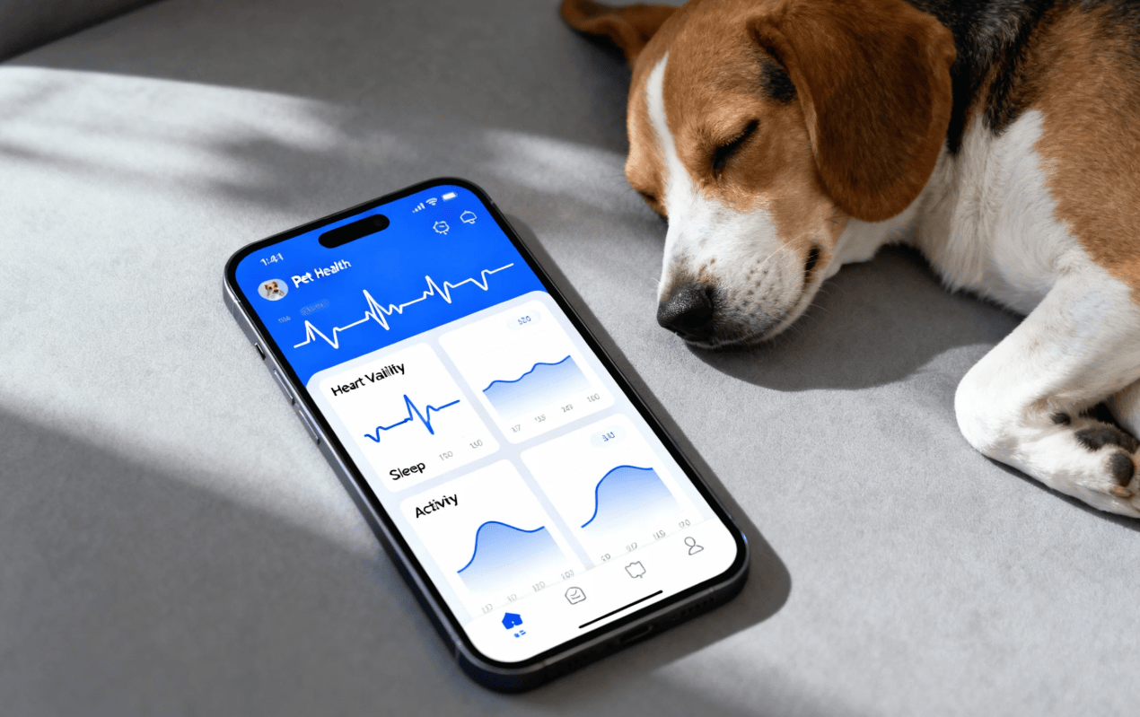 Pet health app dashboard next to a resting dog