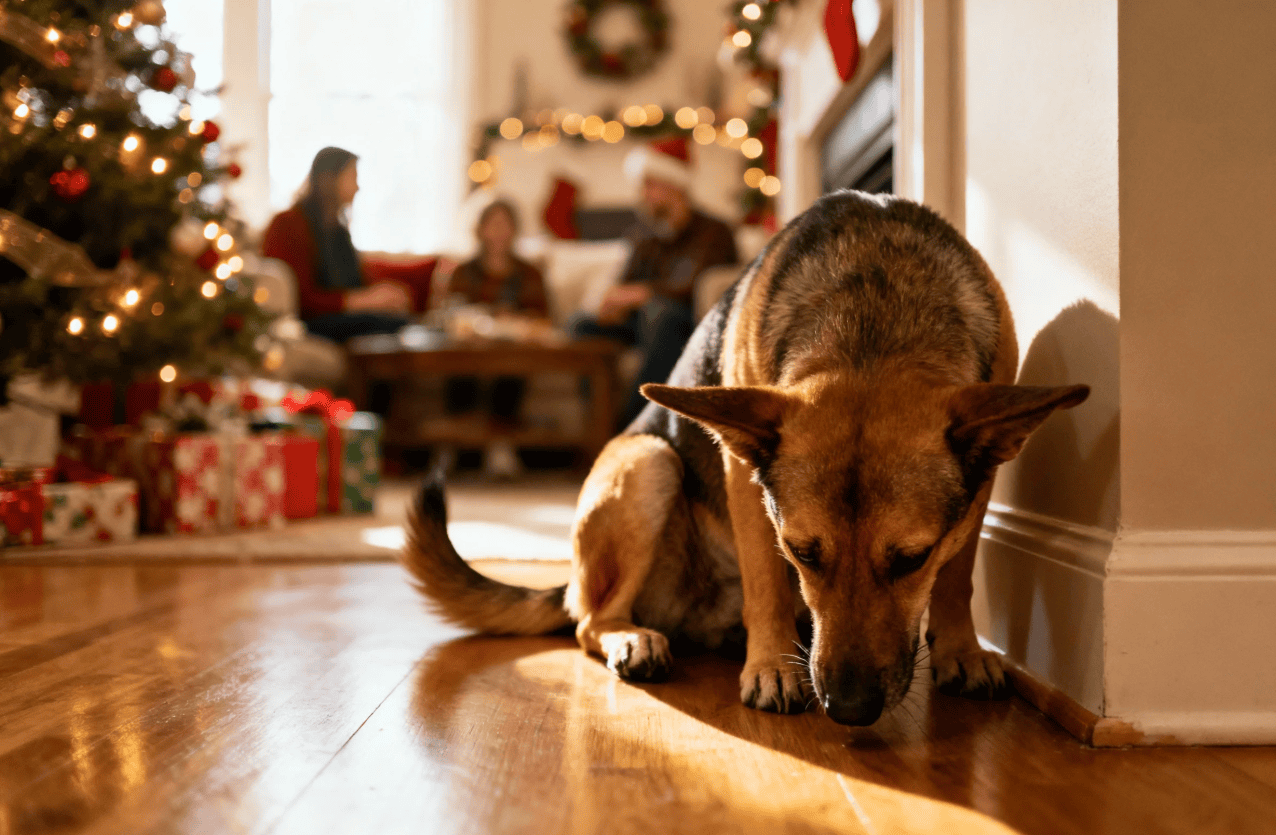 Anxious dog in stressful holiday environment