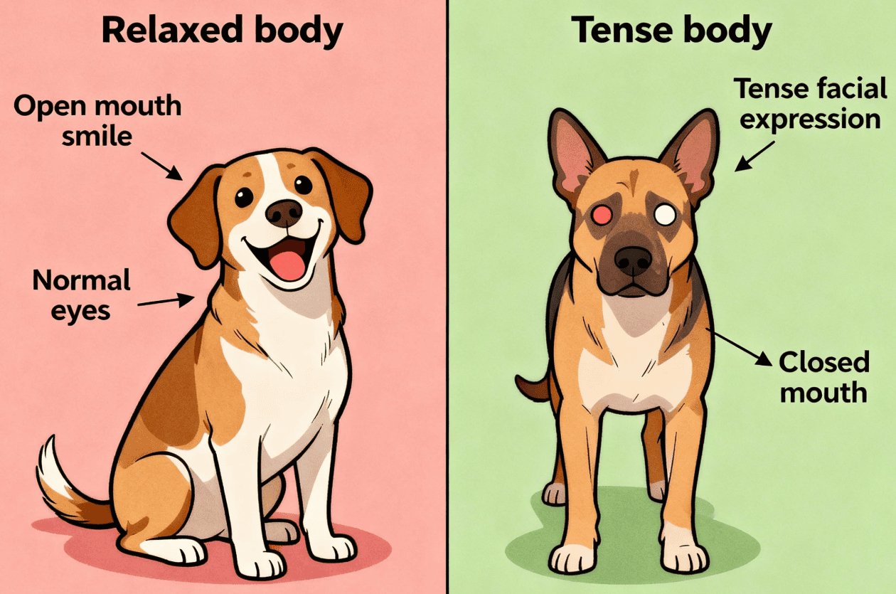 Comparison of happy vs anxious dog body language