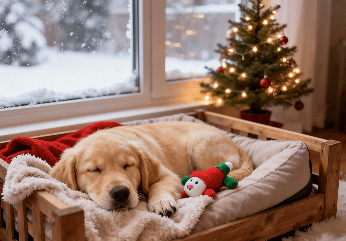 Puppy in cozy bed/crate, looking safe and calm